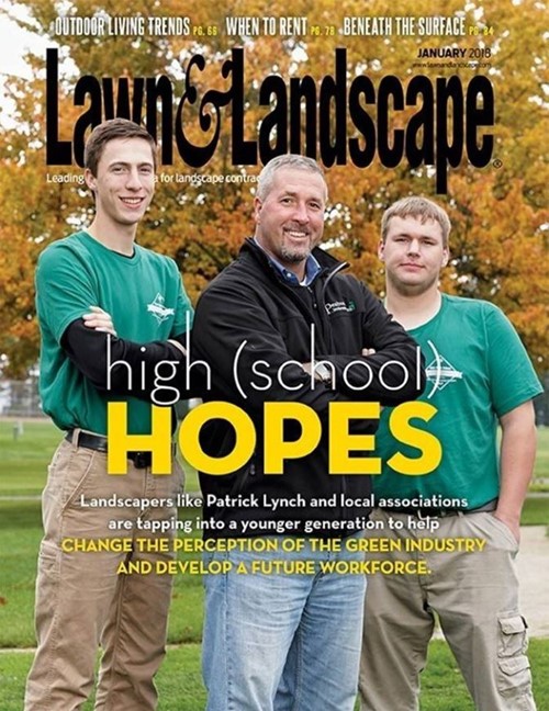 Students with Landscaper on cover of "Lawn & Landscape"