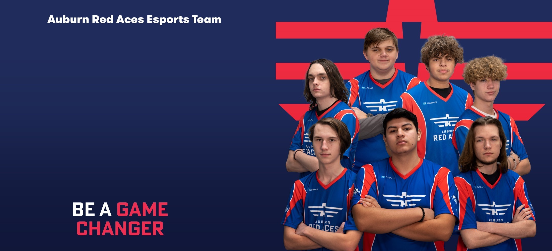 Students in jerseys posed with Esports background