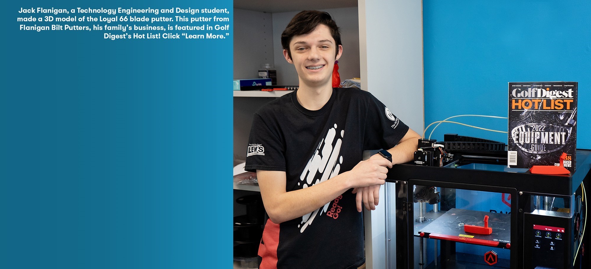 Student smiling leaning against 3d printer with magazine